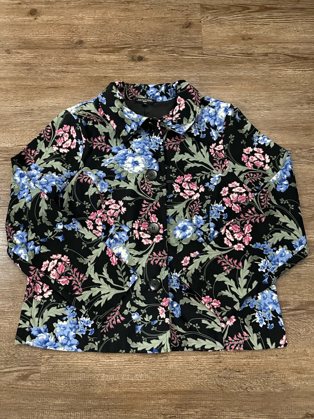 Notations Black Floral Blazer Jacket with Blue & Pink Flowers